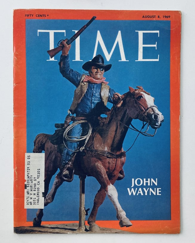 VTG Time Magazine August 8 1969 featuring the iconic John Wayne cover, depicting him on horseback in a classic cowboy pose.