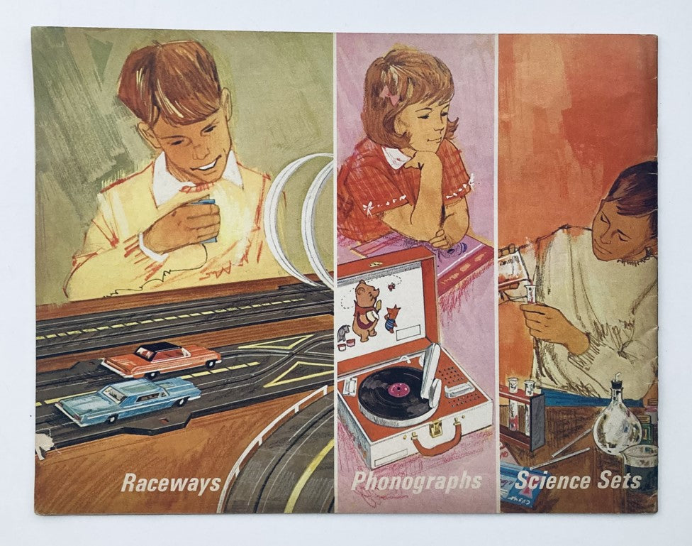 Vintage 1966 Trains, Raceways, Phonographs & Science Sets Catalog cover featuring children enjoying raceways, phonographs, and science sets activities.