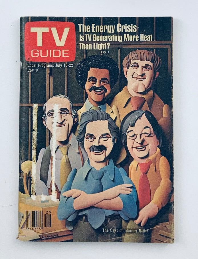 TV Guide Magazine from July 16, 1977, featuring the cast of Barney Miller. The cover highlights the energy crisis with a playful cartoon style, showcasing six characters, with one having a curly afro and others displaying distinct hairstyles and expressions, along with the text 'The Energy Crisis: Is TV Generating More Heat Than Light?'.