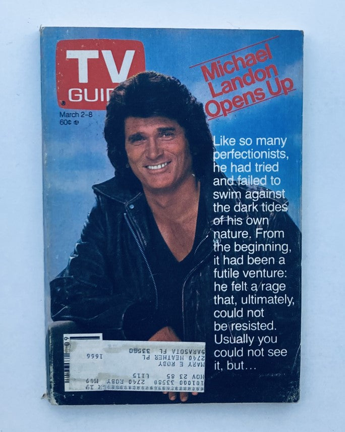 Cover of TV Guide Magazine March 2 1985 featuring Michael Landon with the headline 'Michael Landon Opens Up', showing him in a leather jacket with an engaging smile.