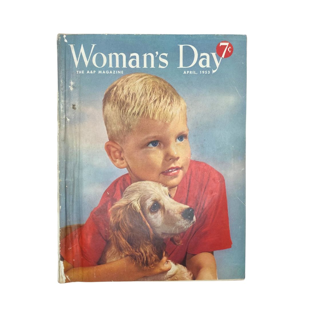 Cover of VTG Woman's Day Magazine from April 1953 titled 'The Magic Circle', featuring a young boy holding a dog, showcasing vintage design and nostalgia.