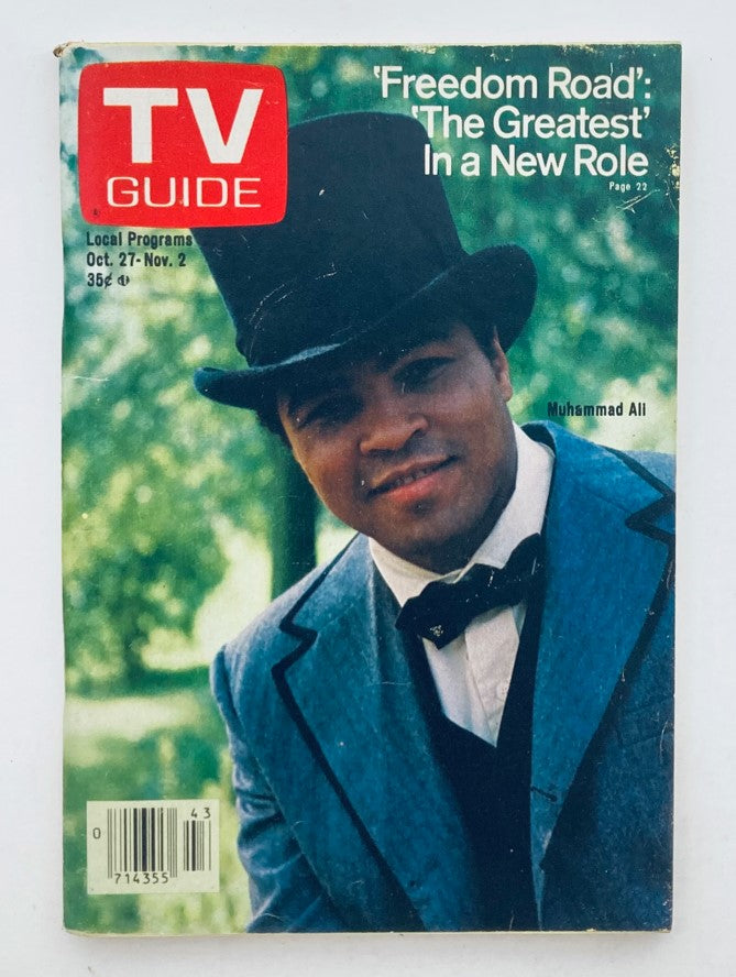 TV Guide Magazine from October 27, 1979 featuring Muhammad Ali on the cover, wearing a top hat and a blue suit, highlighted with the words 'Freedom Road': 'The Greatest' In a New Role.