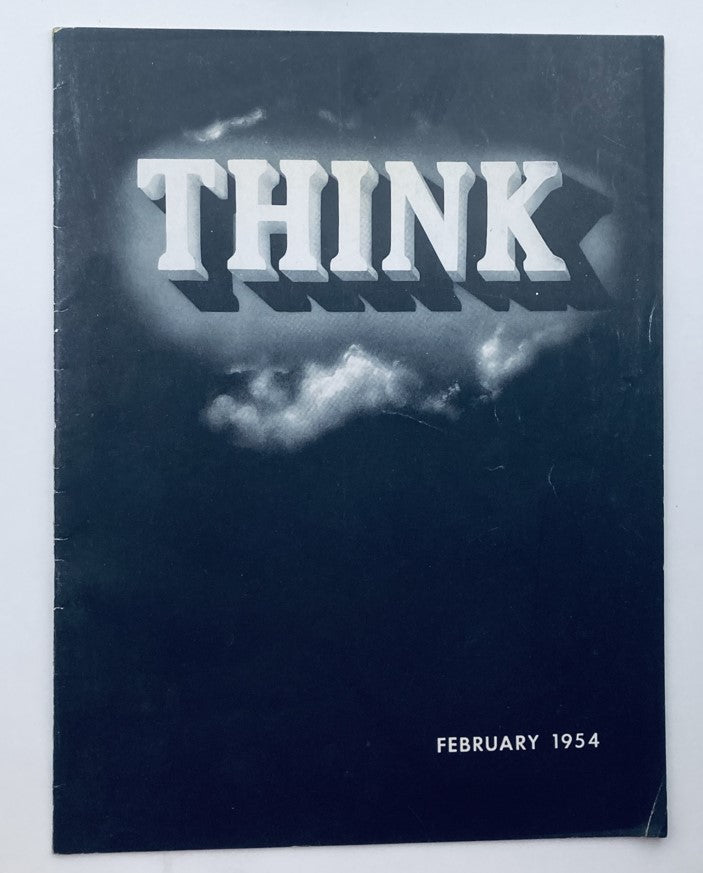 Cover of VTG Think Magazine February 1954 Volume 20 Number 2 featuring the title 'THINK' against a cloud background, showcasing mid-century design.