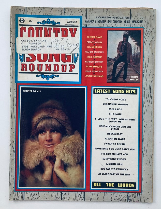Cover of the VTG Country Song Roundup Magazine, August 1971 featuring Skeeter Davis and Freddy Weller. The vibrant magazine showcases articles on country music and highlights iconic artists of the time.