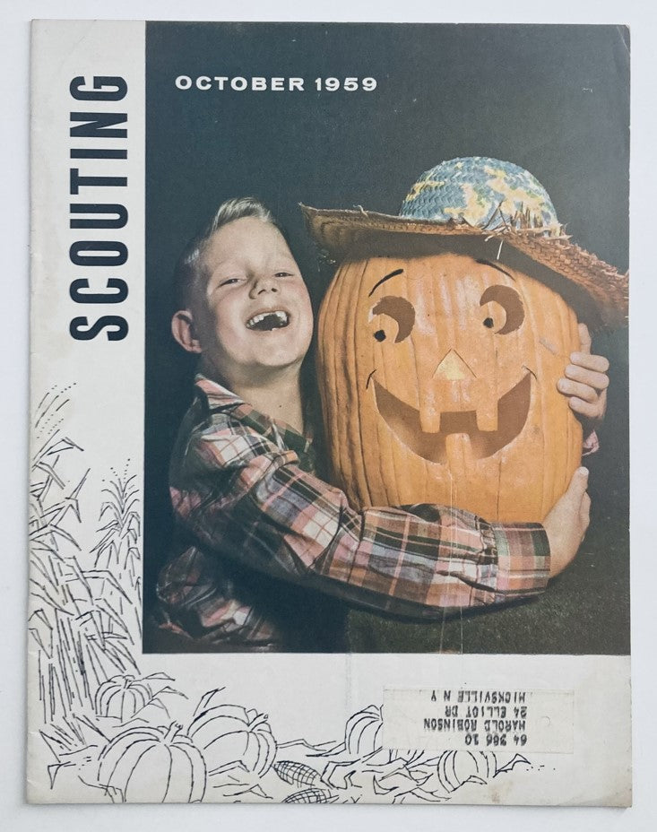 VTG Scouting Magazine October 1959 cover featuring a smiling boy holding a jack-o-lantern, showcasing autumn themes and nostalgic vibes.