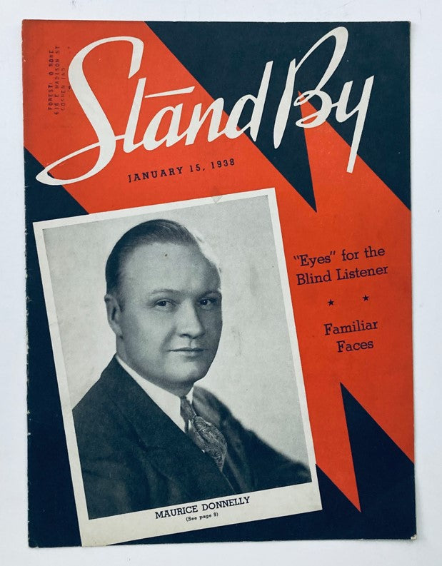 Cover of VTG Stand By Magazine dated January 15, 1938, featuring Maurice Donnelly and the title 'Eyes for the Blind Listener' along with the phrase 'Familiar Faces'.