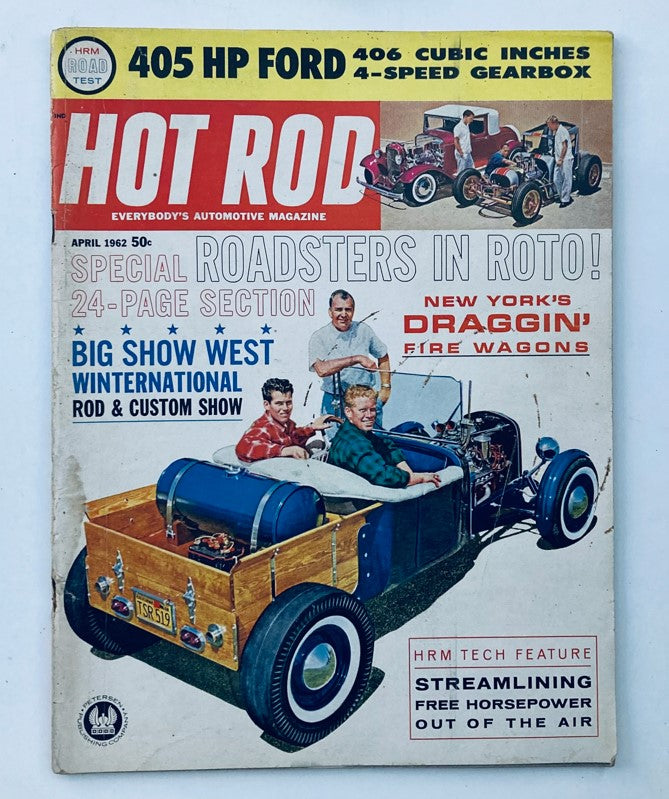 VTG Hot Rod Magazine April 1962 featuring iconic cover with the title 'HOT ROD', highlighting 'New York's Draggin' Fire Wagons' with vintage cars and a colorful design.