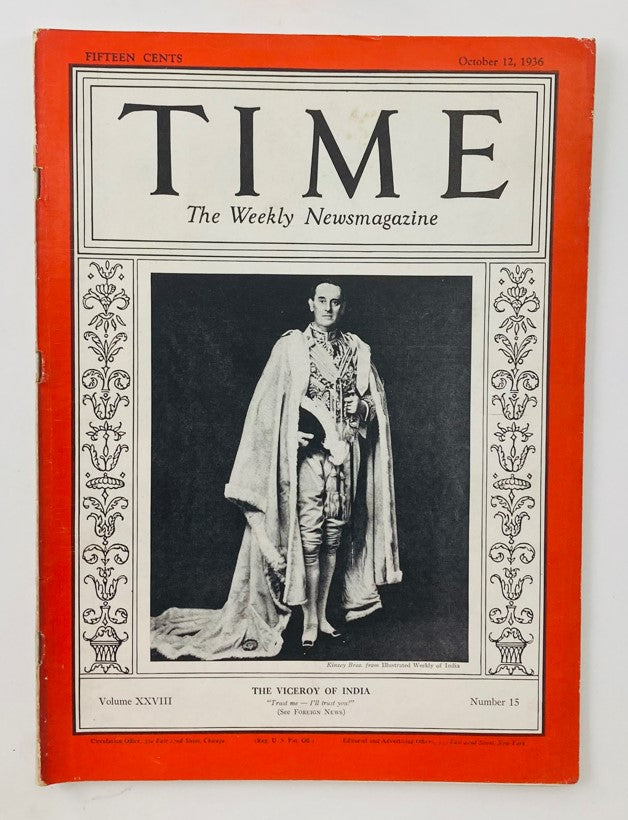 Vintage Time Magazine October 12 1936 Vol 28 No. 15 Lord Linlithgow Viceroy of India