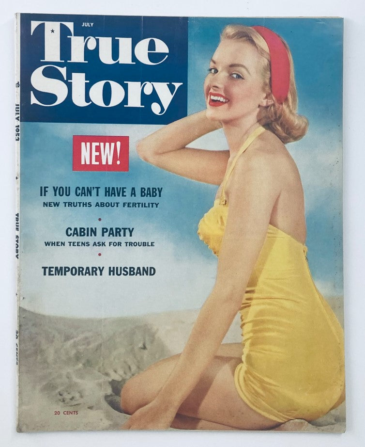 VTG True Story Magazine July 1953 Cover featuring Lois Gunas in a yellow swimsuit highlighted by a retro design and bold title.