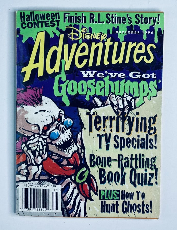Cover of Disney Adventures Magazine November 1996, featuring a skeleton wearing sunglasses and a bandana, promoting a Halloween contest and themed stories titled 'We've Got Goosebumps.'