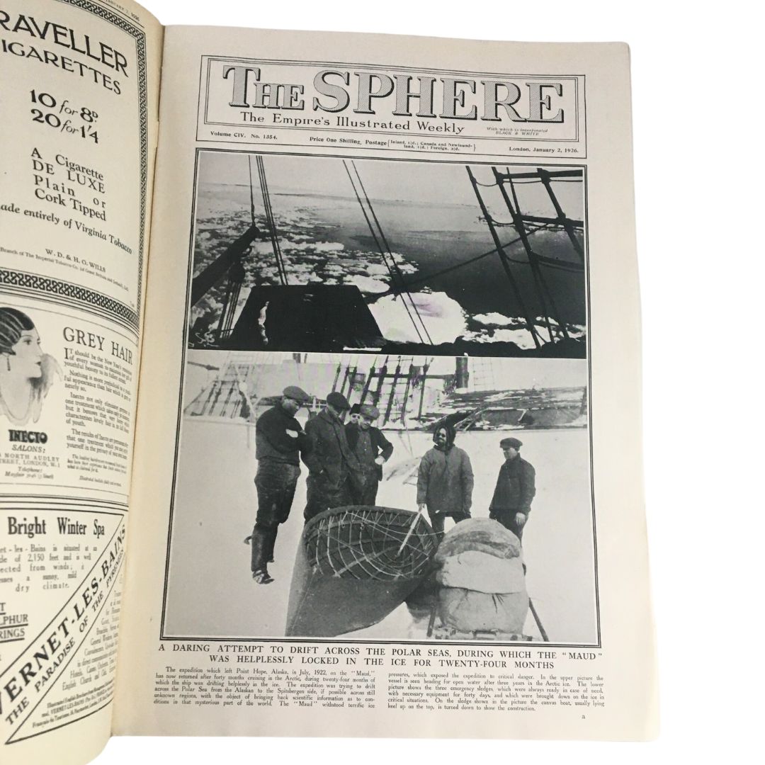 The Sphere Newspaper January 2 1926, featuring a dramatic image depicting explorers attempting to drift across the polar seas, showcasing the challenges faced during their journey.