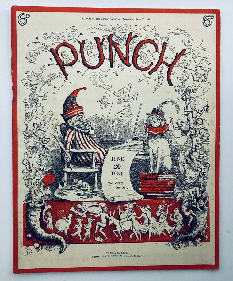 Cover of Punch Magazine June 20, 1951, Vol 220 No. 5772 featuring whimsical illustrations, including a clown and various cartoon characters, showcasing the humor of the post-WWII era.