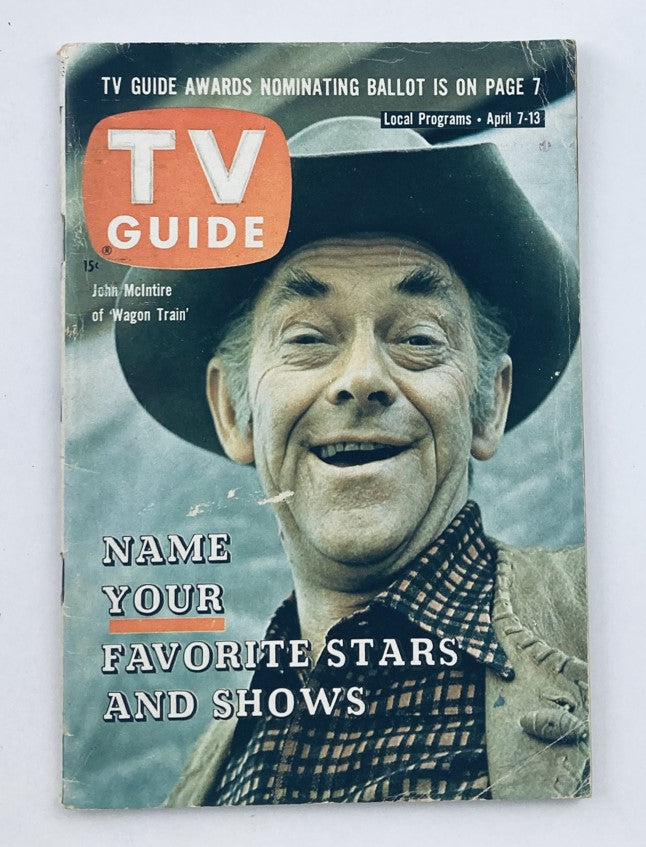 TV Guide Magazine cover from April 7, 1962 featuring John McIntire, highlighting the theme 'Name Your Favorite Stars and Shows' with an image of McIntire smiling in a cowboy hat.