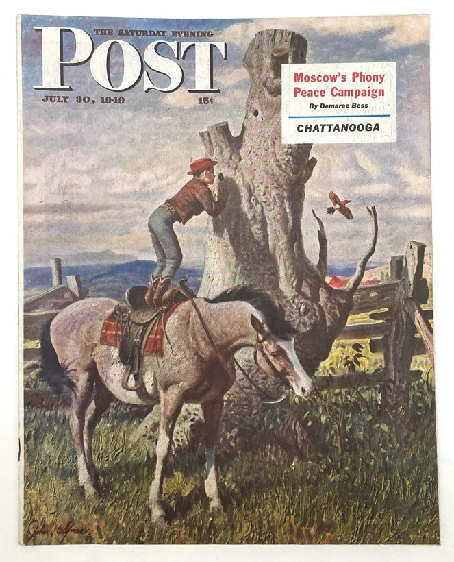 Cover of the Saturday Evening Post Magazine July 30, 1949 featuring an illustration by David Clymer showing a cowboy on a horse near a tree.