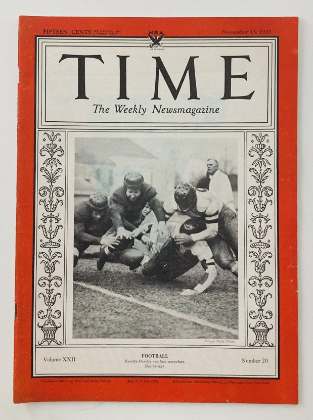 Cover of the VTG Time Magazine November 13 1933, Volume 22, Number 20 focusing on American gridiron football, featuring athletes in action during a game.