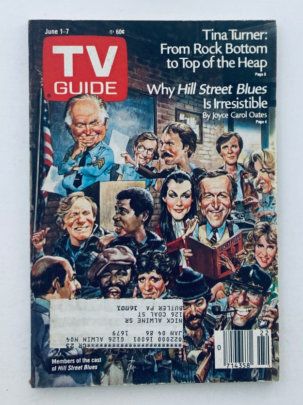 Cover of TV Guide Magazine dated June 1 1985 featuring Tina Turner, with various characters from the show Hill Street Blues illustrated in a collage style.