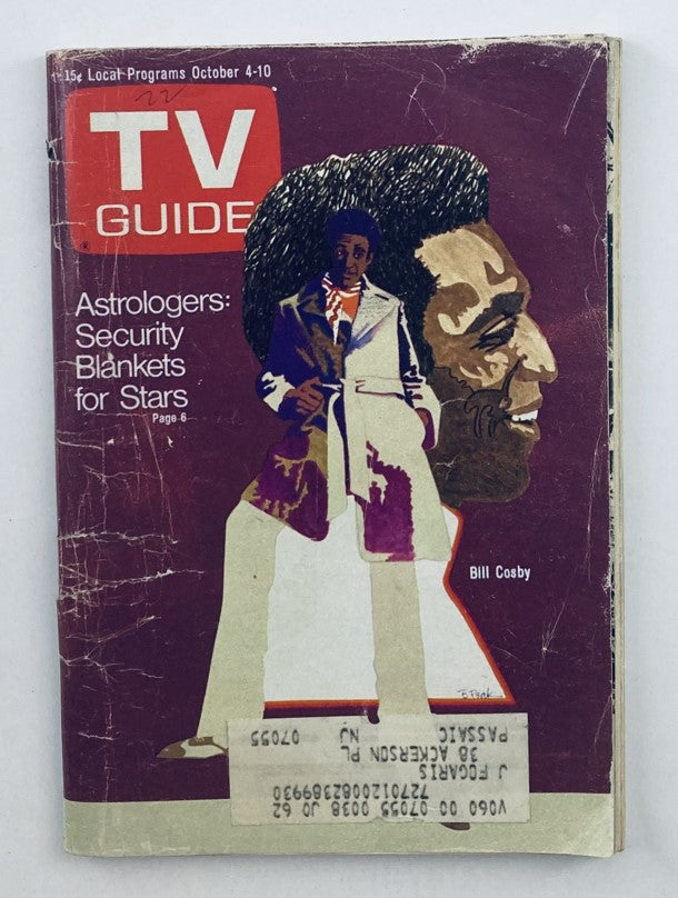 Cover of TV Guide Magazine October 4, 1969, featuring Bill Cosby, highlighting articles about television including security blankets for stars.