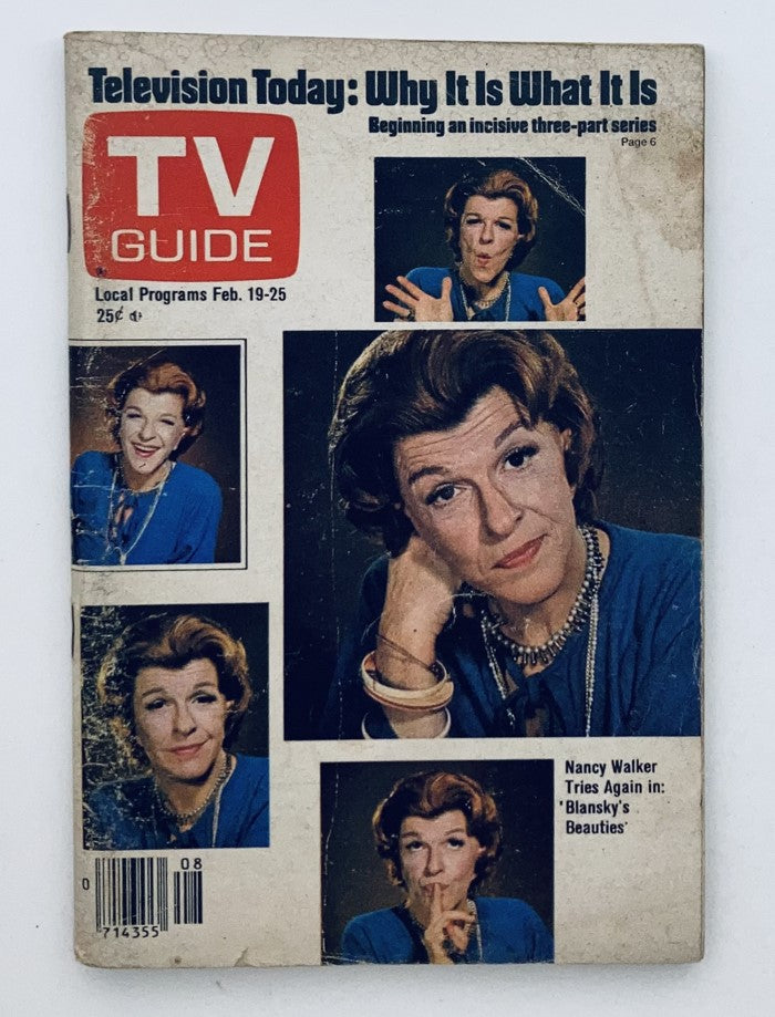 TV Guide Magazine cover from February 19, 1977 featuring Nancy Walker, Philadelphia Metro Edition. Highlights include images of Walker and a feature on her role in 'Blanky's Beauties.'