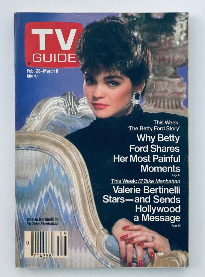 TV Guide Magazine cover from February 28, 1987 featuring Valerie Bertinelli. Highlights include articles on 'The Betty Ford Story' and 'I'll Take Manhattan.' The magazine showcases a stunning portrait of Bertinelli with elegant typography and colorful design.