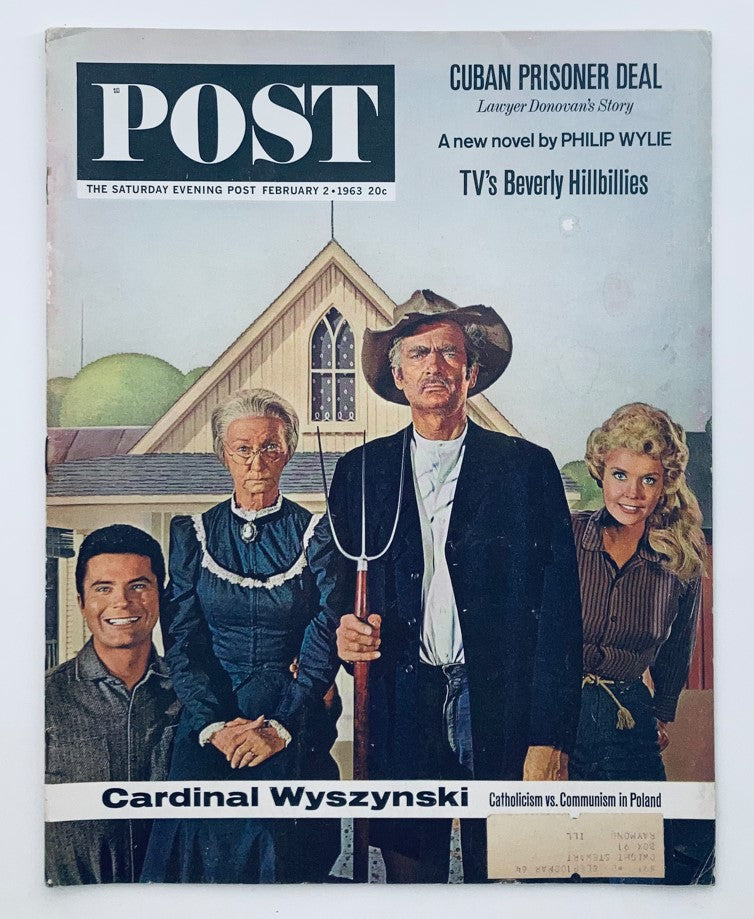 Cover of The Saturday Evening Post February 2 1963 Vol 236 No. 4 featuring Cardinal Wyszynski, with a rural background and various characters including illustrated figures.