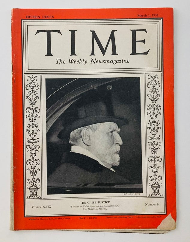 Vintage Time Magazine cover from March 1, 1937, featuring Chief Justice Charles E. Hughes, Volume 29, Number 9.