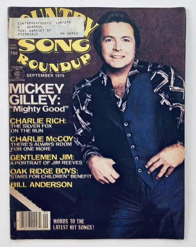 Cover of the Country Song Roundup Magazine from September 1979 featuring Mickey Gilley, titled 'Mighty Good'. The cover includes names of other featured artists such as Charlie Rich and Charlie McCoy.