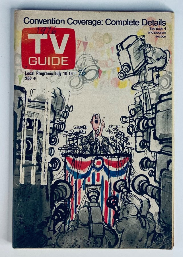 Cover of TV Guide Magazine dated July 17, 1976, issue #1216, featuring a prominent illustration related to convention coverage and complete details, emphasizing the Olympic theme.