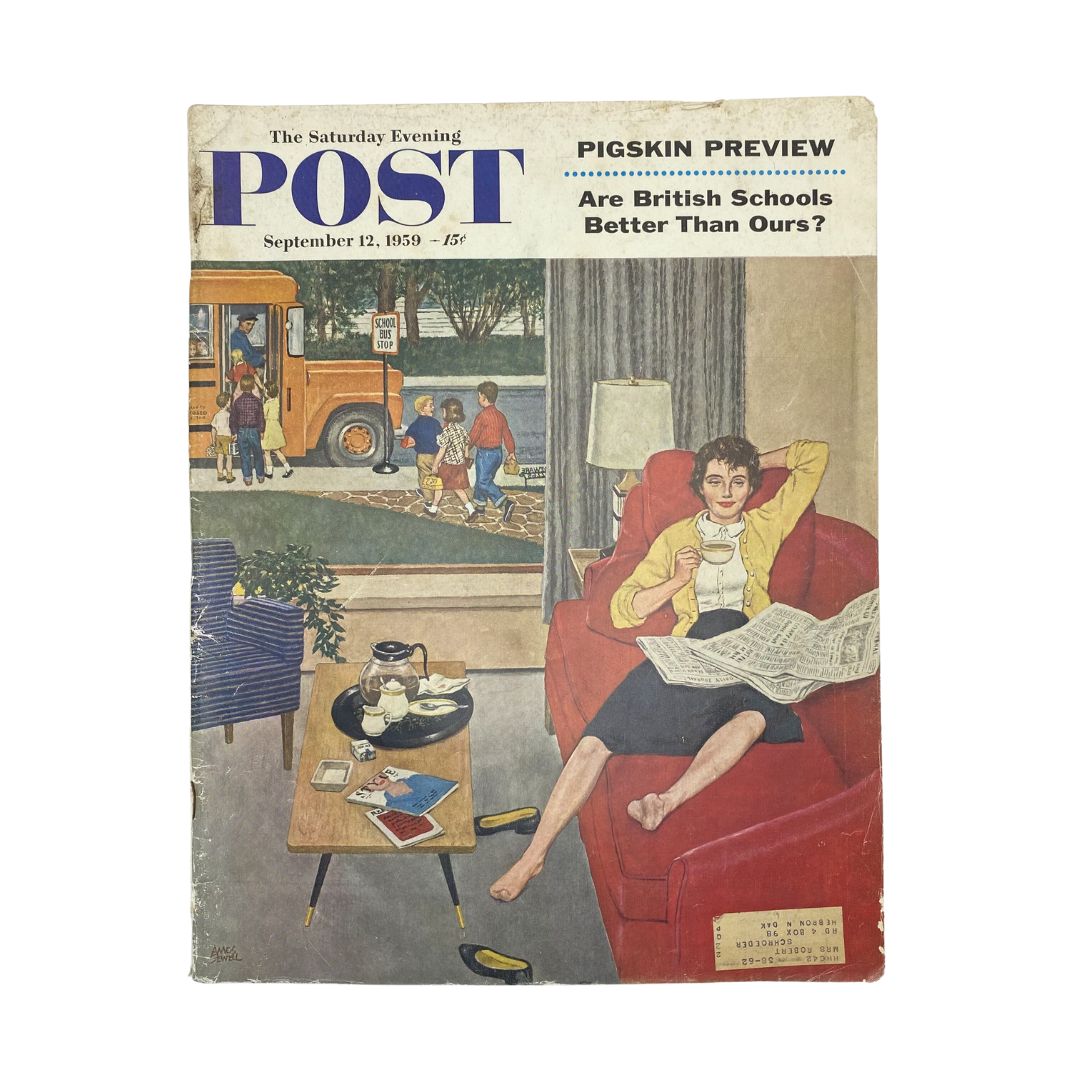 Cover of the Saturday Evening Post Magazine from September 12, 1959, illustrating a cozy living room scene with a woman in a yellow sweater enjoying coffee and reading a newspaper, while children play outside by a school bus.