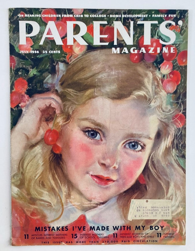Cover of VTG Parents' Magazine July 1936, Volume 11, No. 7, featuring a young girl with a charming expression, surrounded by cherries, displaying the title and theme about safe and sane parenting.