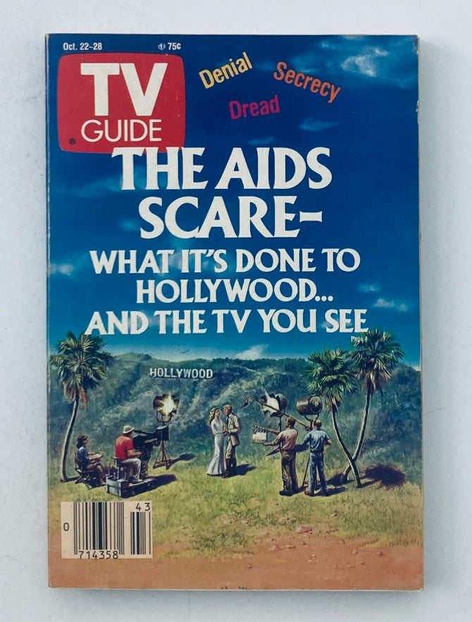 TV Guide Magazine cover from October 22, 1988, titled 'The Aids Scare - What It’s Done to Hollywood... and the TV You See', showcasing a scenic background with production crew and actors on set, emphasizing the impact of AIDS on the television industry.