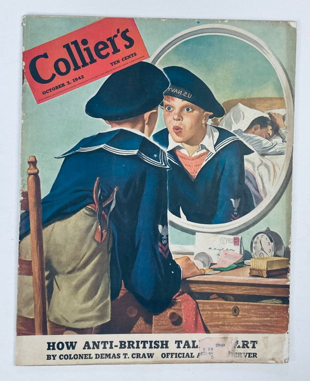 Cover of VTG Collier's Magazine October 3, 1942 featuring an illustration of a young sailor looking into a mirror, mirroring the style of World War II art.