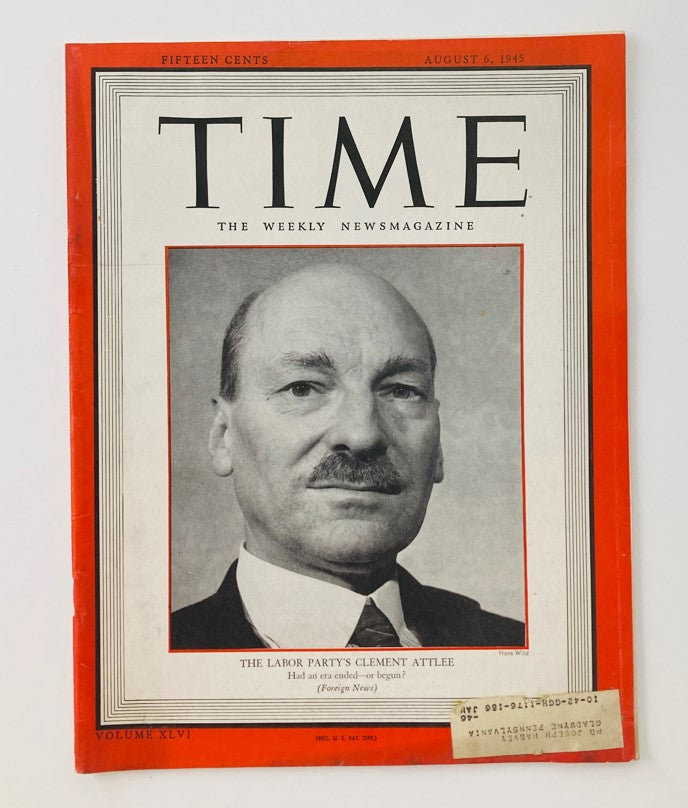 Cover of VTG Time Magazine August 6 1945 featuring Labor Party leader Clement Attlee amidst post-World War II reflections.
