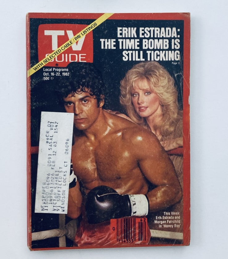 TV Guide Magazine October 16 1982 featuring Erik Estrada on the cover with the headline 'The Time Bomb is Still Ticking', showcasing a boxing theme, with Erik Estrada in boxing gloves and a female co-star.