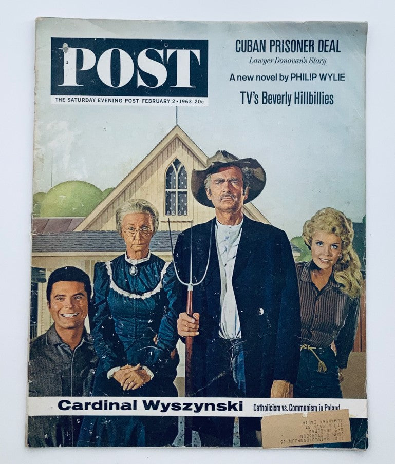 Cover of The Saturday Evening Post Magazine from February 2, 1963, featuring the title 'Cuban Prisoner Deal' and images of four characters, including a farmer with a pitchfork, against a backdrop of a rural setting.
