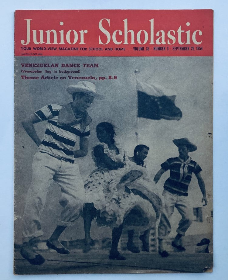 VTG Junior Scholastic Magazine September 29 1954 featuring the Venezuelan Dance Team on the cover, with dancers in traditional attire and a Venezuelan flag in the background.