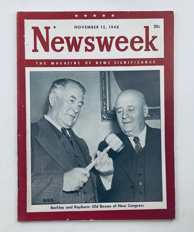 Cover of VTG Newsweek Magazine from November 15, 1948 featuring Alben W. Barkley and Sam Rayburn captioned 'Barkley and Rayburn: Old Bosses of New Congress'.