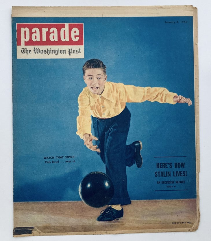 Parade Newspaper Magazine WA Post January 8 1950 featuring a young boy bowling with the headline 'Watch That Strike' on the cover. This vintage publication captures a moment from American history.