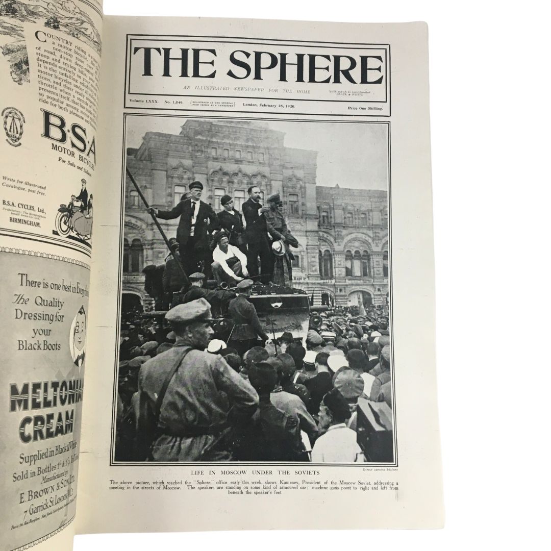 The Sphere Newspaper February 28 1920 showcasing a historical photograph depicting life in Moscow under the Soviets, featuring citizens gathered in a public square.