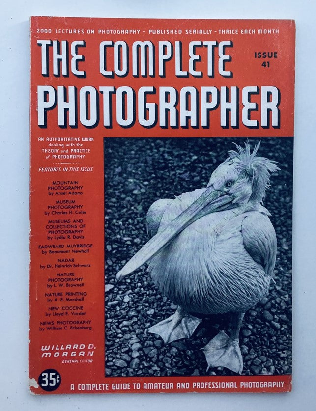 The Complete Photographer Magazine October 30 1942 featuring a stunning photograph of a pelican on the cover, showcasing topics like nature printing and photography insights.