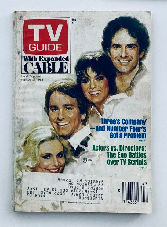 TV Guide Magazine November 20 1982 featuring the cast of Three's Company, showcasing the show's characters on the cover.