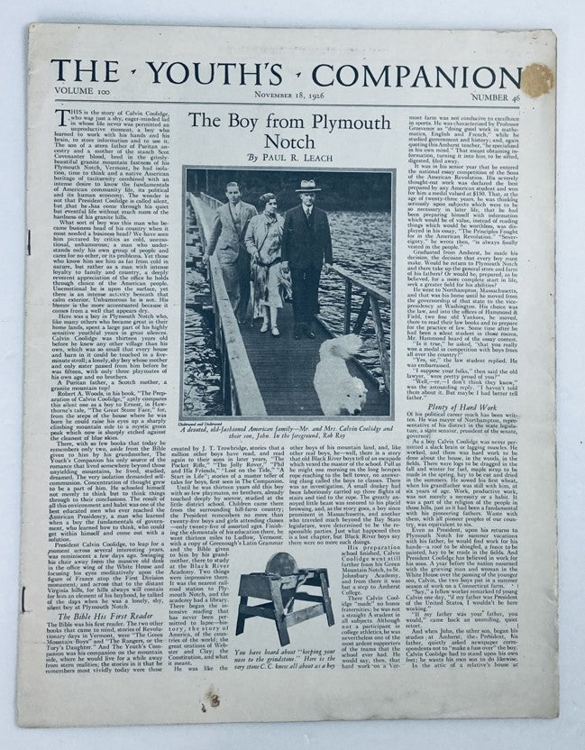 Front page of the VTG The Youth's Companion Magazine, November 18, 1926, featuring the article 'The Boy from Plymouth Notch' by Paul R. Leach, showcasing historical content and vintage charm.