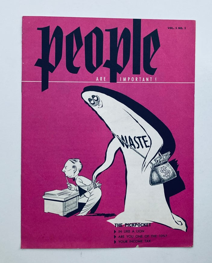 Cover of VTG People Are Important! Vol 5 No. 3 featuring a caricature of a pickpocket and a character labeled 'Waste', emphasizing themes of income tax and societal issues.