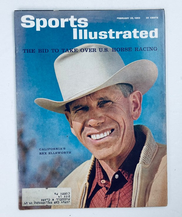 Sports Illustrated Magazine February 25, 1963 cover featuring California's Rex Ellsworth smiling in a cowboy hat, highlighting the bid to take over U.S. horse racing.