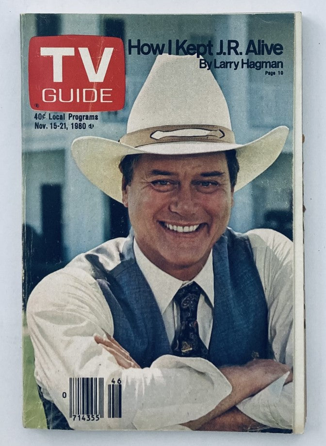 TV Guide Magazine November 15 1980 featuring Larry Hagman on the cover, showcasing his iconic smile and cowboy hat, capturing the essence of classic television.