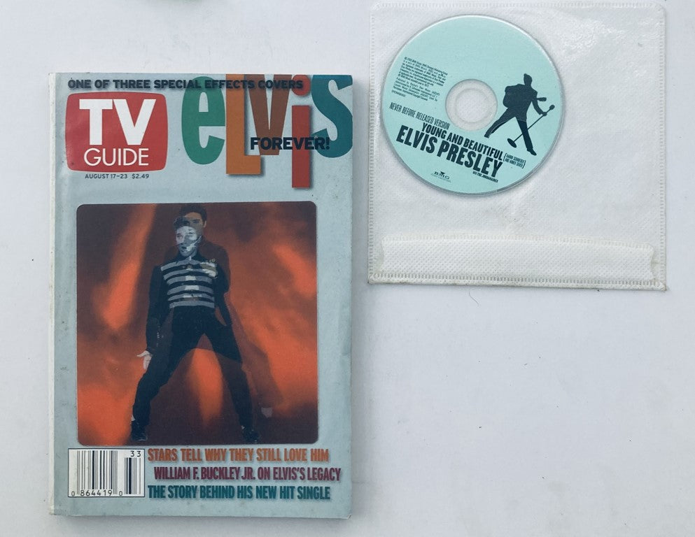 TV Guide Magazine August 17 2002 featuring Elvis Presley on the cover, alongside a collectible disc. This Cincinnati Edition showcases Elvis's legacy and is in pristine condition.