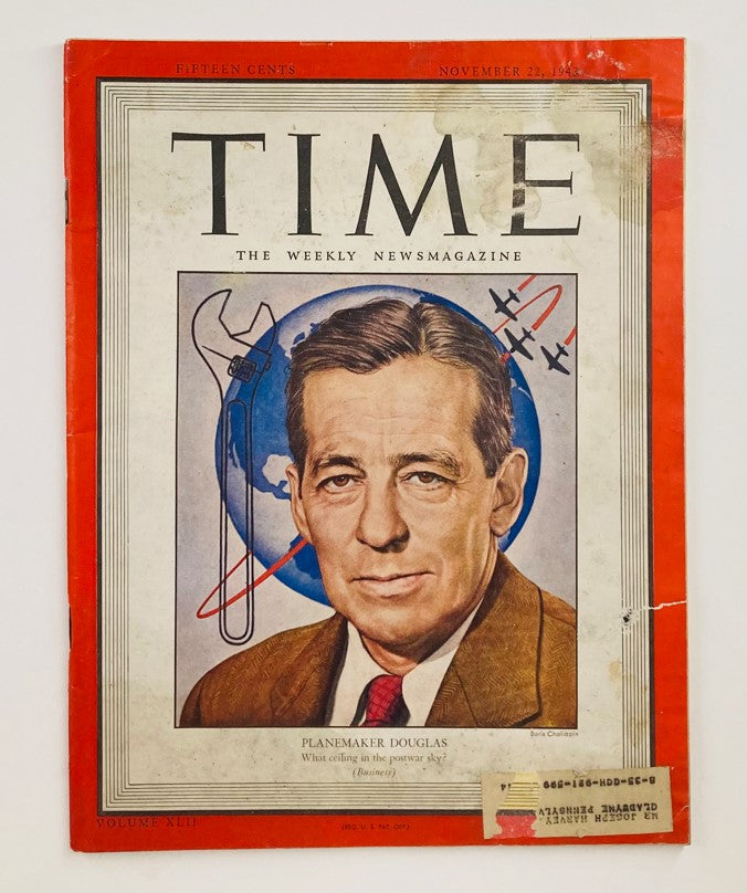 Vintage Time Magazine Cover featuring Donald W. Douglas - November 22, 1943, Vol 42 No. 21, showcasing aviation history and wartime themes.