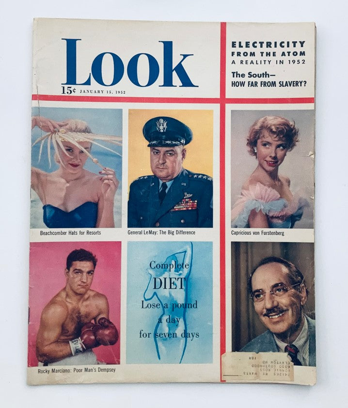 Cover of Look Magazine January 15, 1952, featuring General Curtis Emerson LeMay and various topics including beachcomber hats, diet, and entertainment.