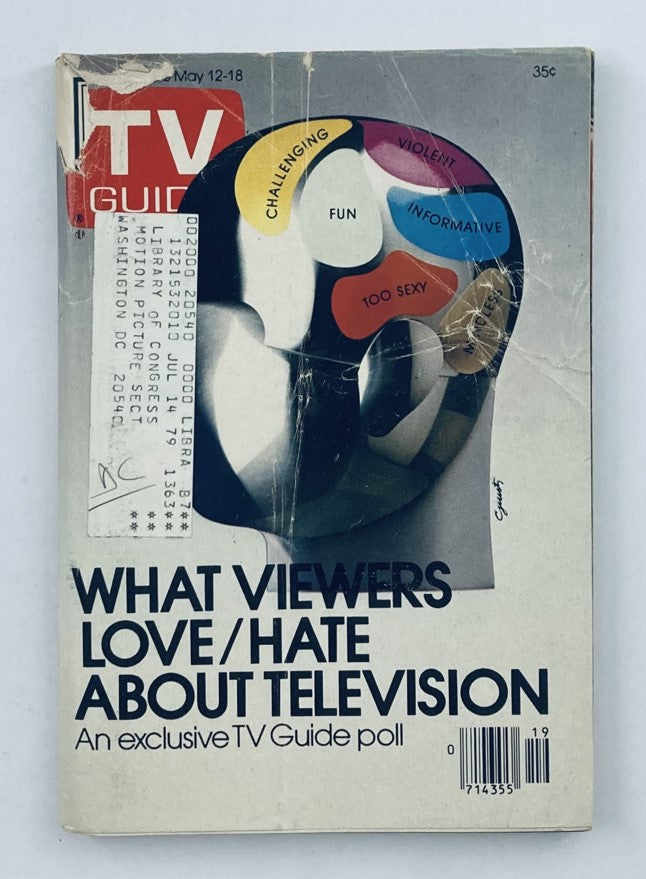 Cover of TV Guide Magazine May 12 1979, Issue #1363, featuring the headline 'What Viewers Love/Hate About Television' with colorful icons and text highlighting various viewer sentiments such as 'Challenging', 'Fun', 'Violent', and 'Informative'.