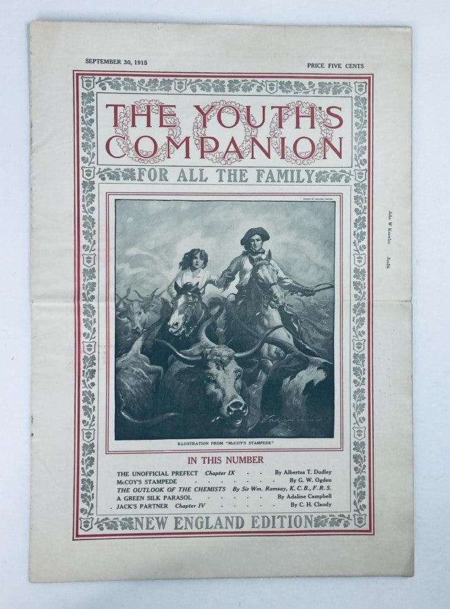 Cover of VTG The Youth's Companion Magazine dated September 30, 1915 featuring 'McCoy's Stampede' and illustrations of cowboys and cattle, highlighting early 20th-century Americana.