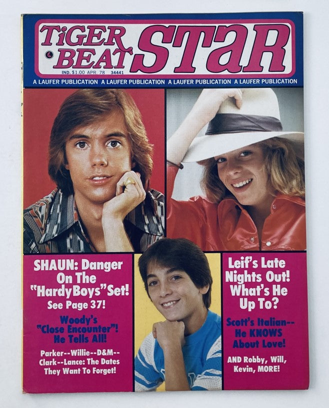 Tiger Beat Star Magazine April 1978 cover featuring Shaun Cassidy and Leif Garrett, showcasing vibrant colors and iconic style from the 70s, perfect for vintage magazine collectors.